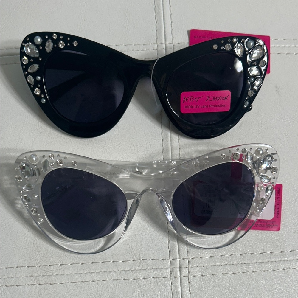 Betsey Johnson Black and Clear Rhinestone Cat-Eye Sunglasses